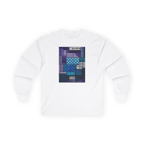 pixelated grid pattern, purple, cyan, white on dark background, White front view