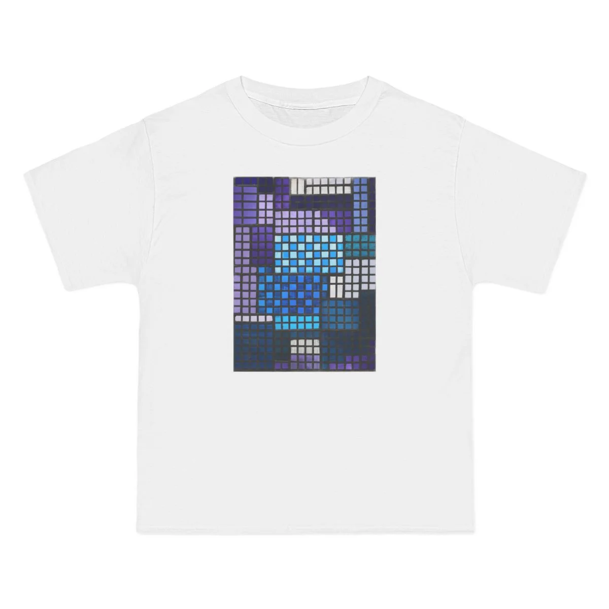 pixelated grid pattern, purple, cyan, white on dark background, White front view