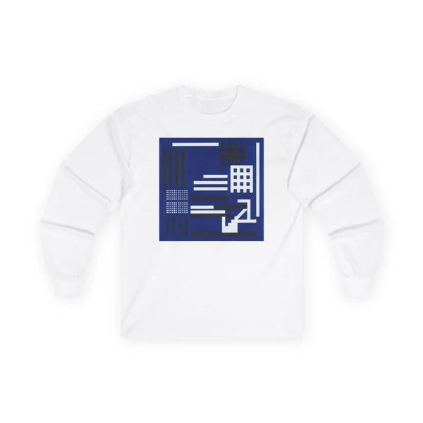 navy blue background, white bars, grid patterns, White front view