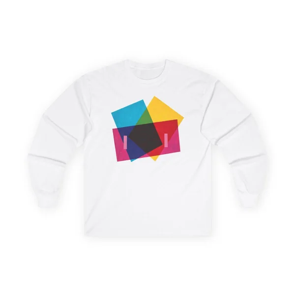 cyan triangle, yellow, red polygons on black, White front view