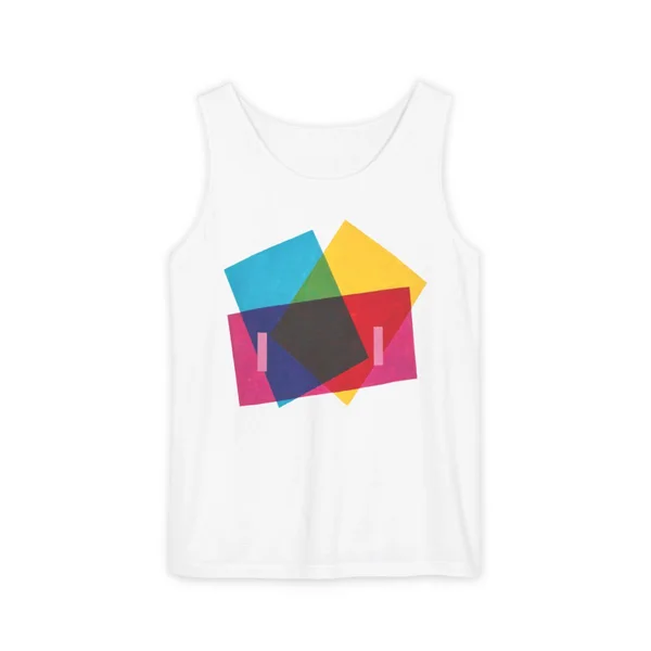 cyan triangle, yellow, red polygons on black, White front view