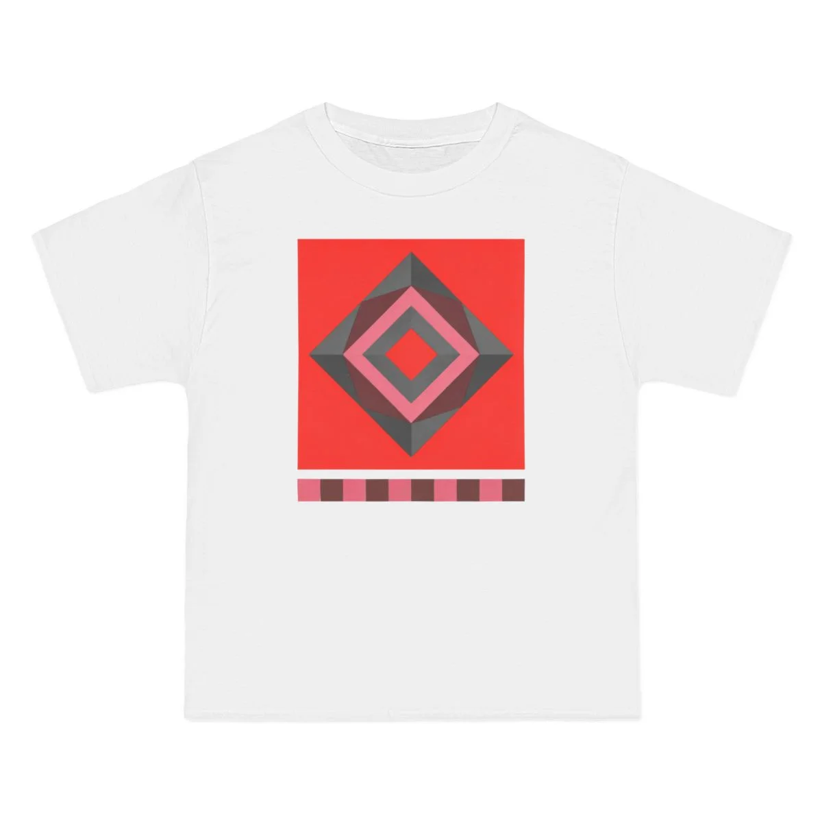 diamond shape, hot pink, gray on red, White front view