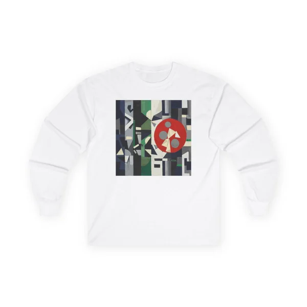 black and white geometric shapes, red circles, White front view