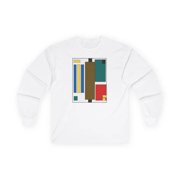 vertical stripes, blue, brown, teal, red, White front view