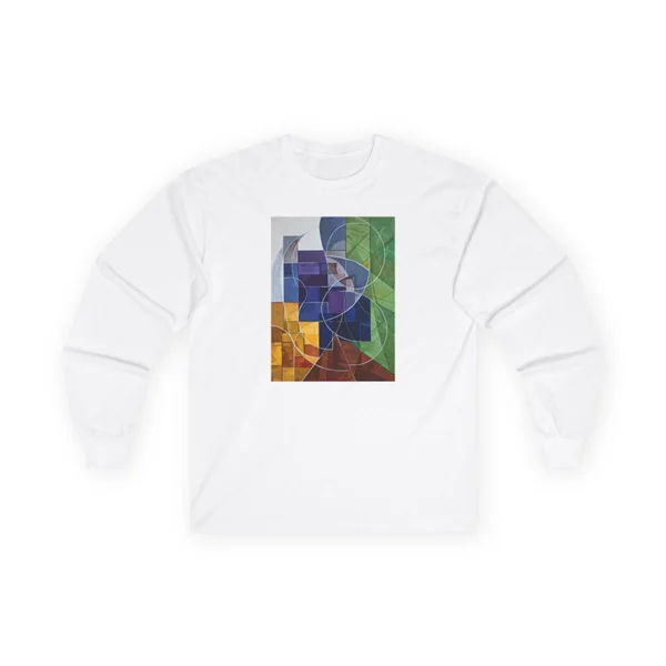 overlapping triangles, blue, green, orange, yellow, purple, White front view