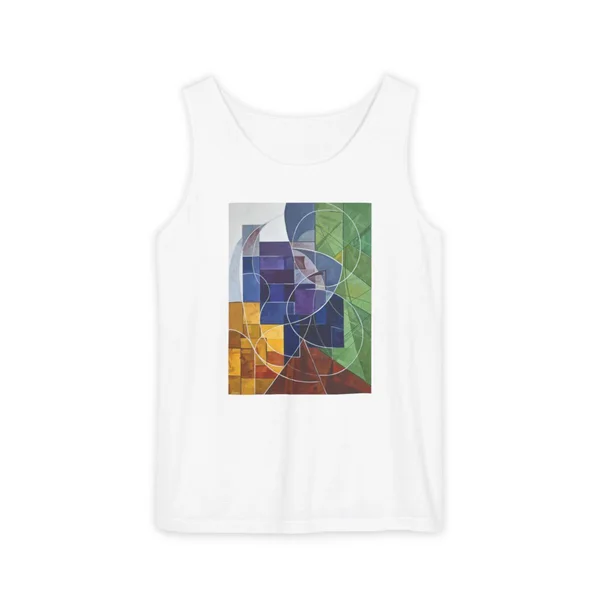 overlapping triangles, blue, green, orange, yellow, purple, White front view