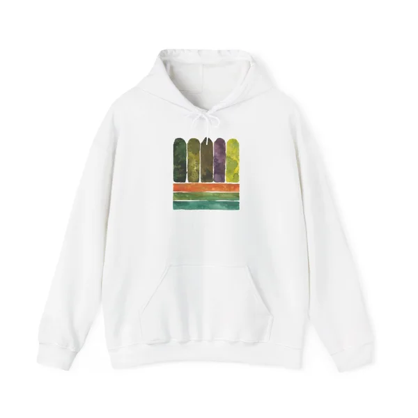 vertical color bars, green, olive, yellow, coral, White front view
