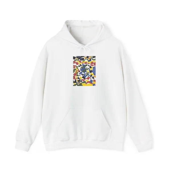 yellow, pink, black, blue geometric shapes and dots, White front view