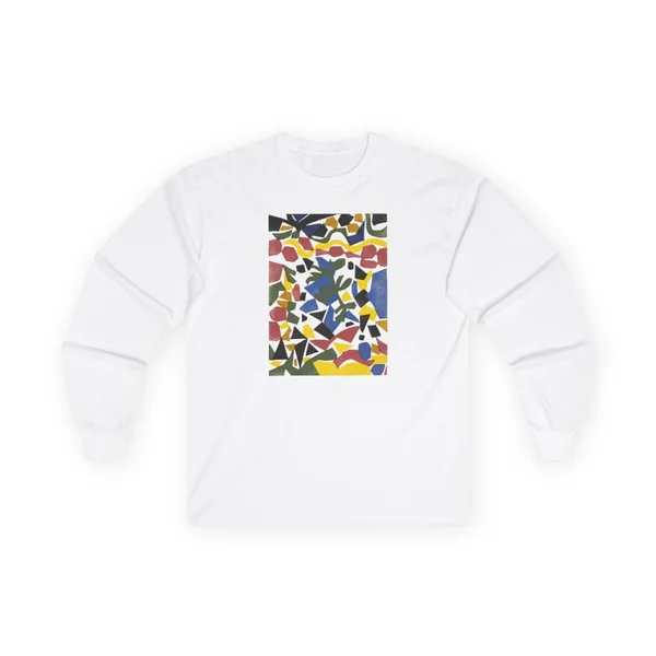 yellow, pink, black, blue geometric shapes and dots, White front view