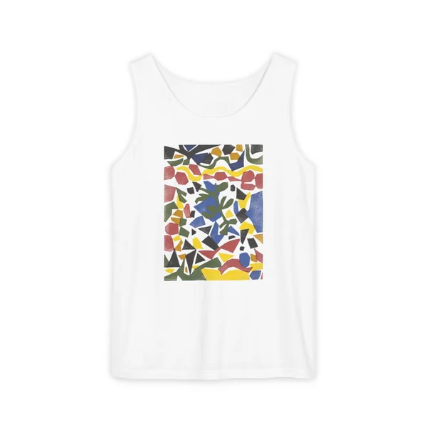 yellow, pink, black, blue geometric shapes and dots, White front view