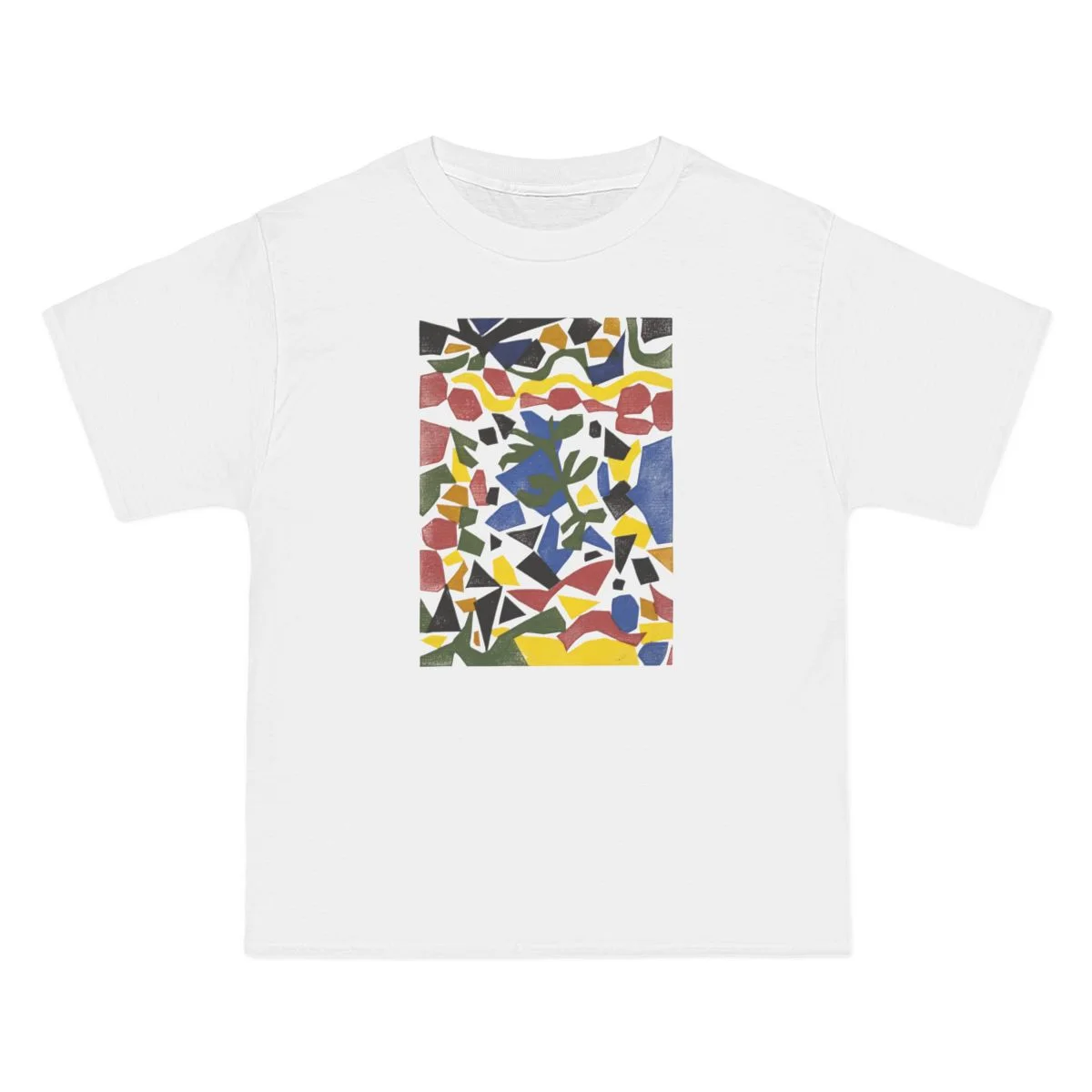yellow, pink, black, blue geometric shapes and dots, White front view