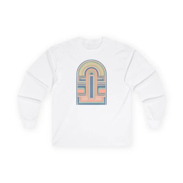 concentric arches, rainbow pastels on light blue, White front view