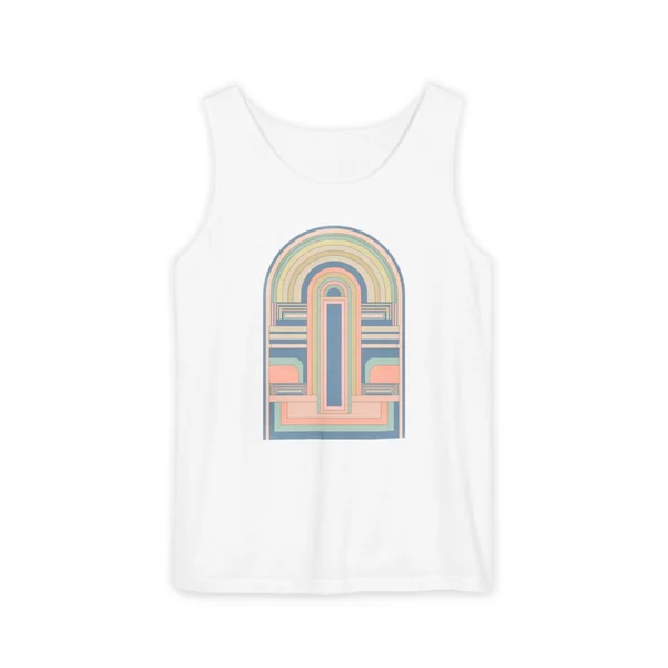 concentric arches, rainbow pastels on light blue, White front view