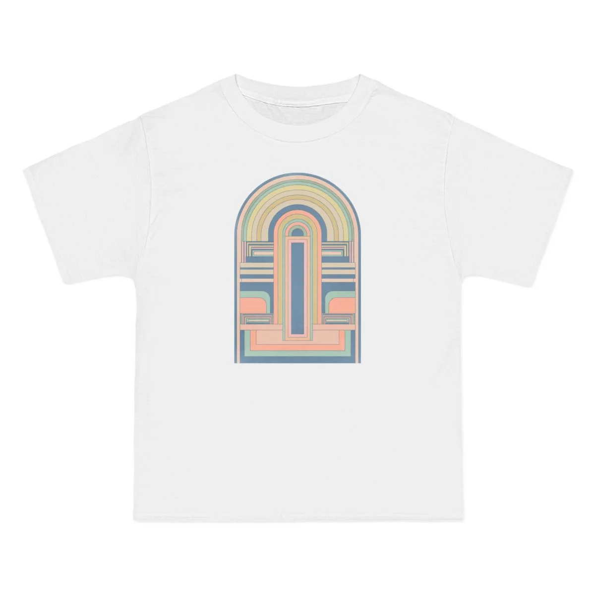 concentric arches, rainbow pastels on light blue, White front view