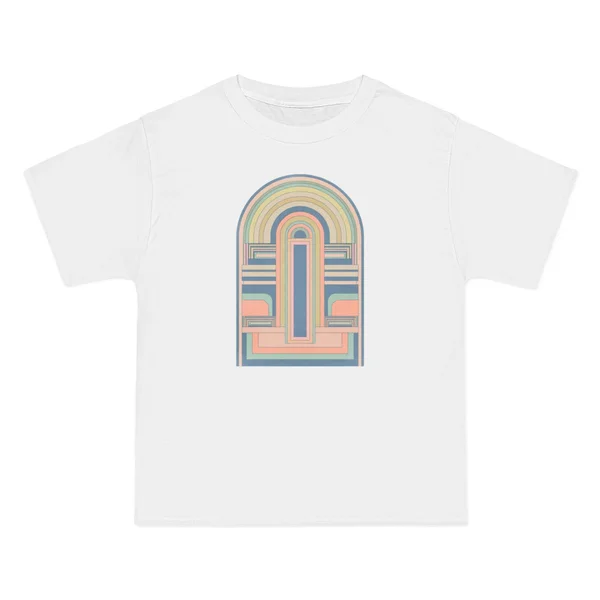 concentric arches, rainbow pastels on light blue