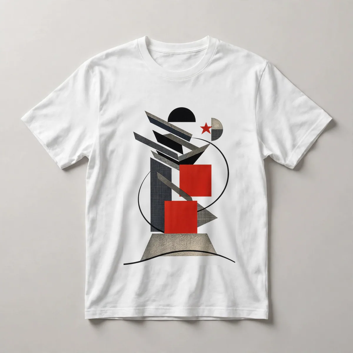 red shapes, white curved lines on black, White front view