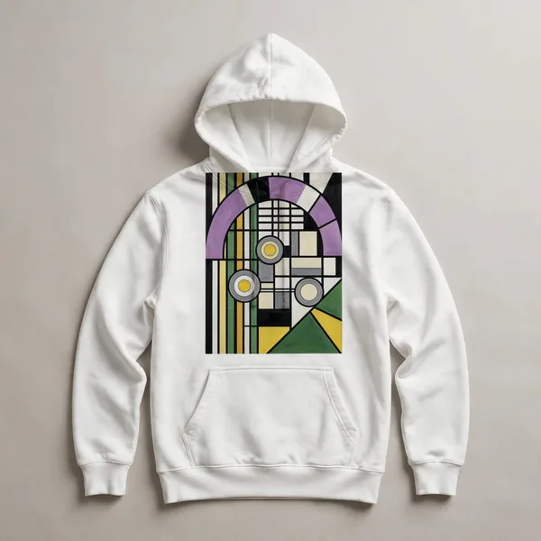 yellow field, purple oval, white grid and circles, White front view