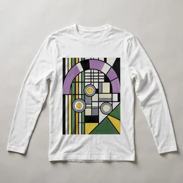 yellow field, purple oval, white grid and circles, White front view