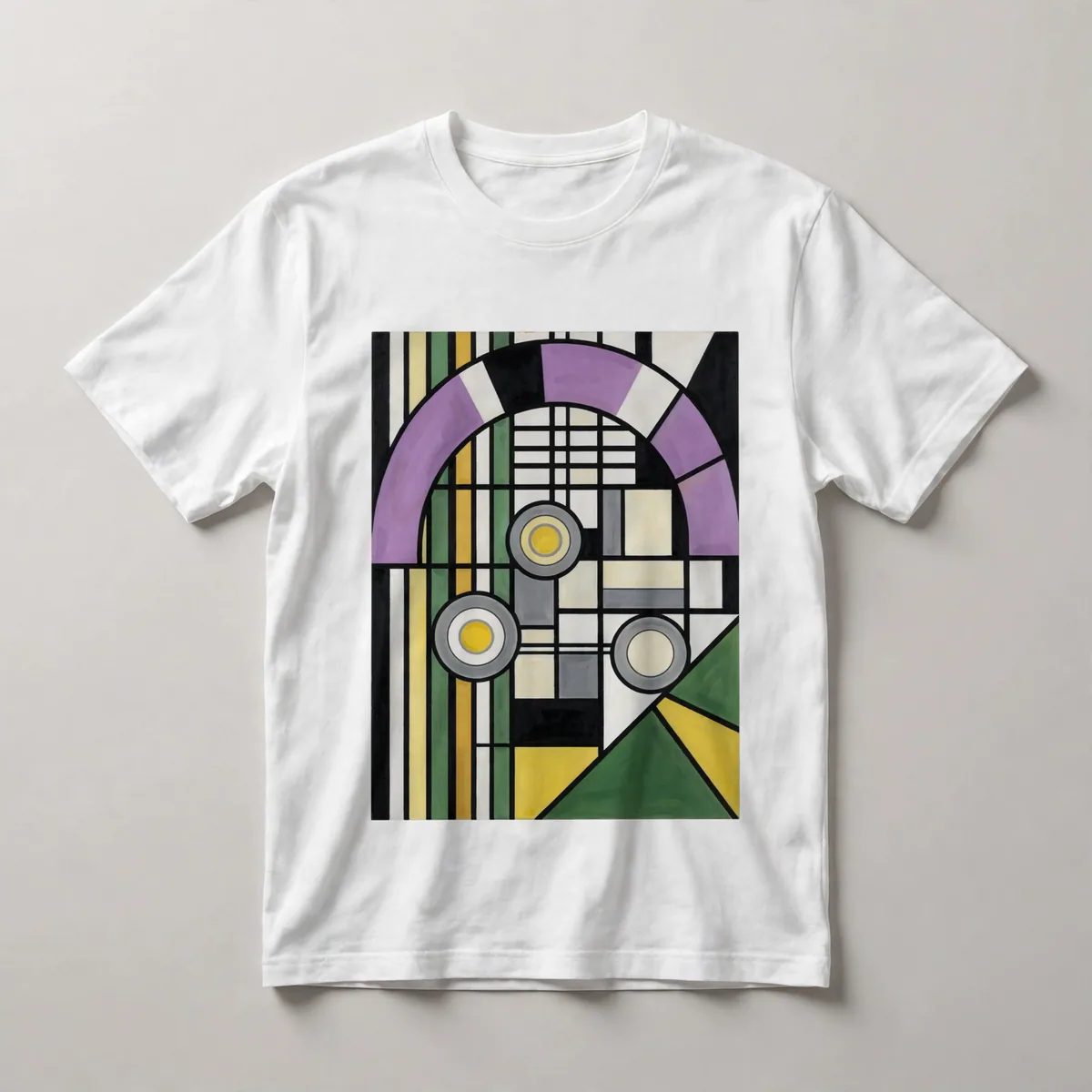 yellow field, purple oval, white grid and circles, White front view