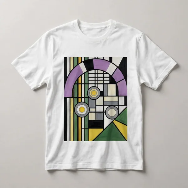 yellow field, purple oval, white grid and circles