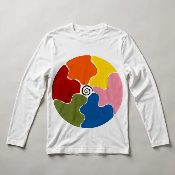 organic shapes, red, yellow, pink, blue, green, White front view