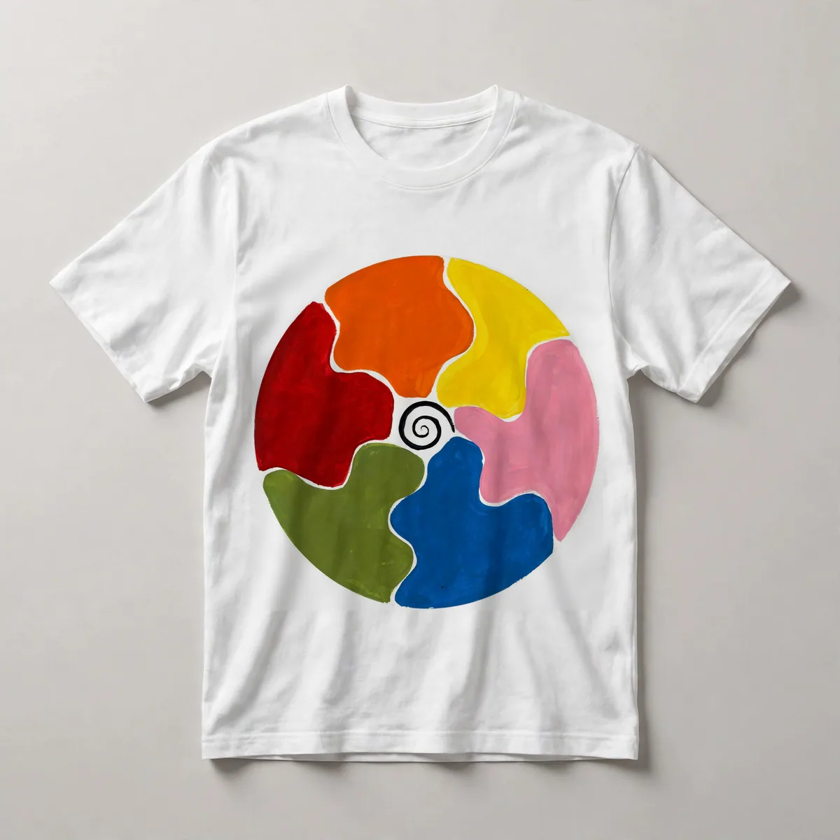 organic shapes, red, yellow, pink, blue, green, White front view