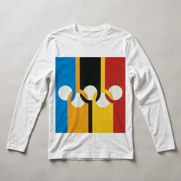 geometric color blocks, circles, yellow field, White front view
