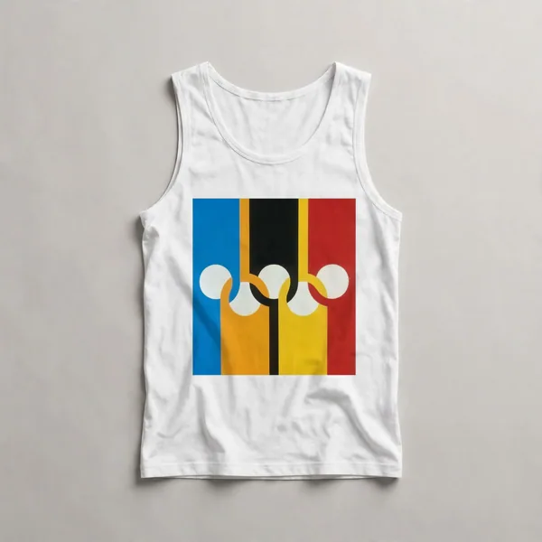 geometric color blocks, circles, yellow field, White front view