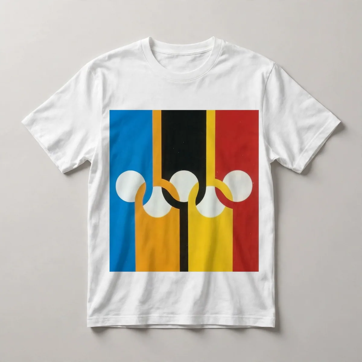 geometric color blocks, circles, yellow field, White front view