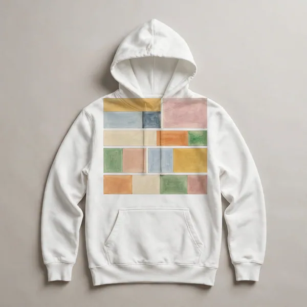 horizontal color bands, cream, orange, green, pink, White front view
