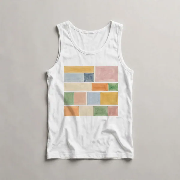 horizontal color bands, cream, orange, green, pink, White front view