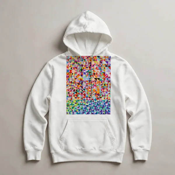 scattered colored shapes, pink, orange, yellow, blue, green, White front view
