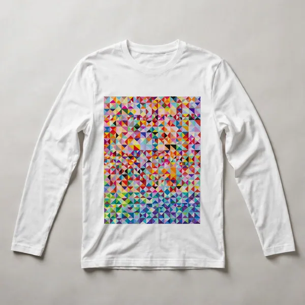 scattered colored shapes, pink, orange, yellow, blue, green, White front view