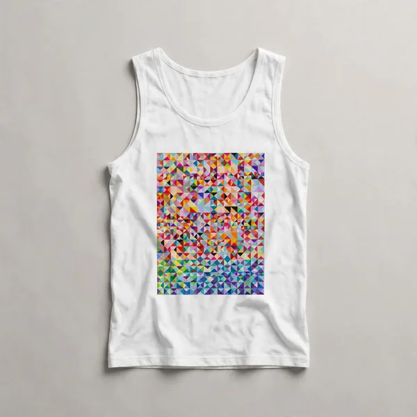scattered colored shapes, pink, orange, yellow, blue, green, White front view