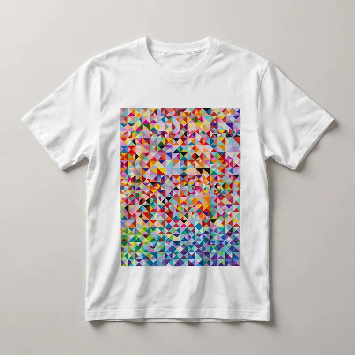 scattered colored shapes, pink, orange, yellow, blue, green, White front view