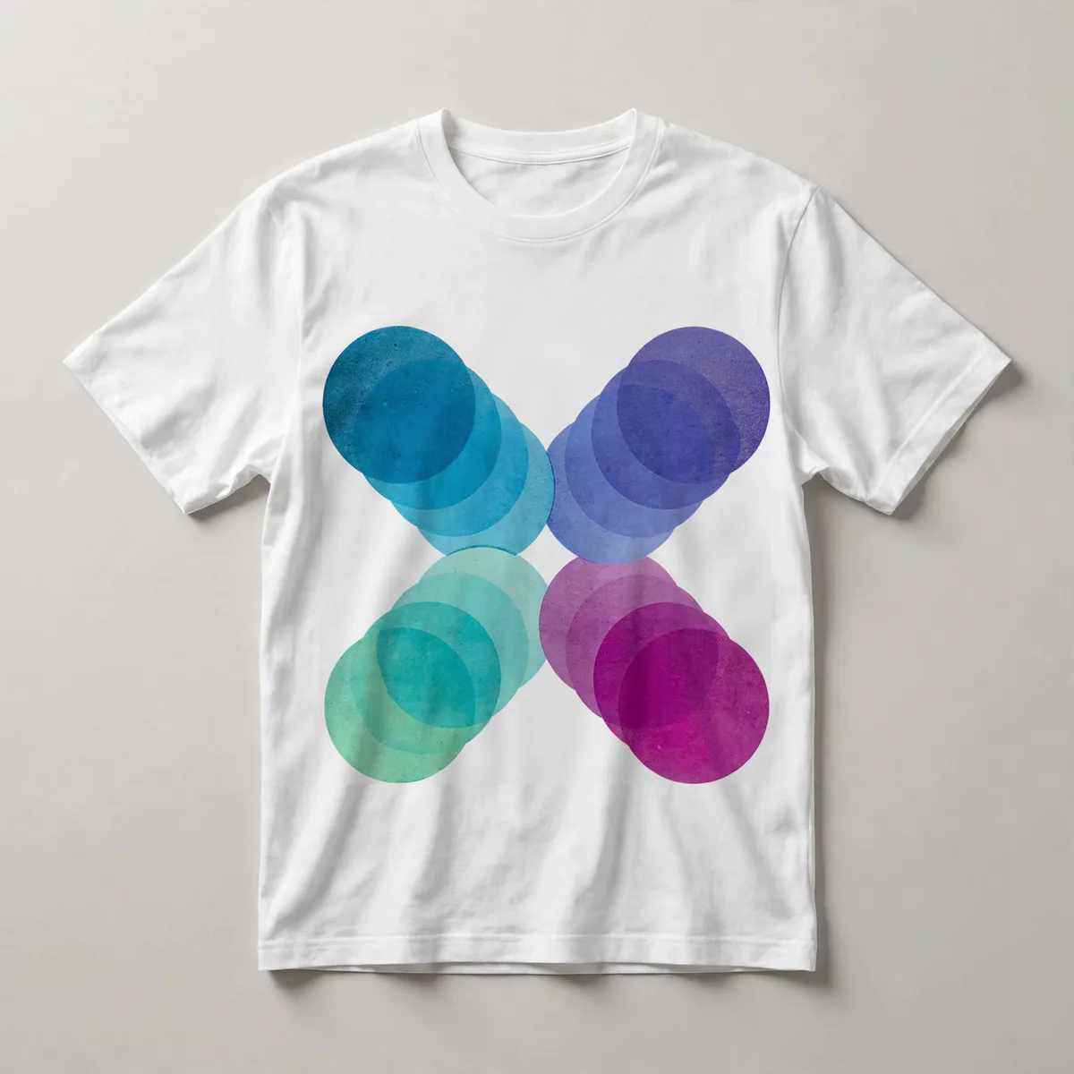 overlapping circles, cyan, magenta on black, White front view