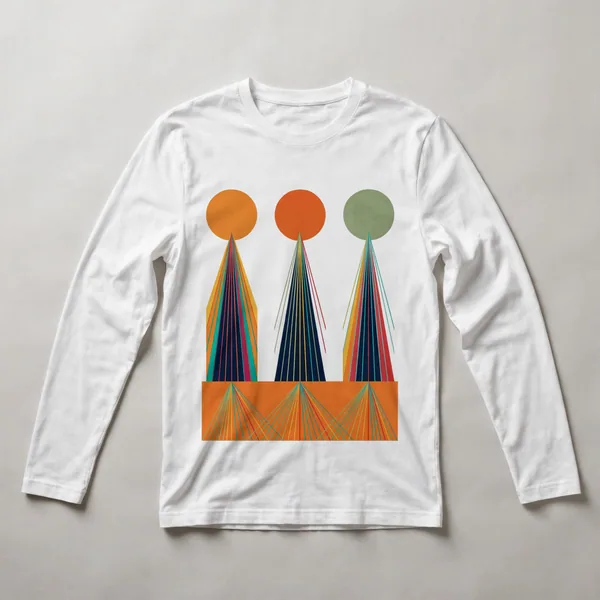 three cone shapes, orange, striped patterns, White front view