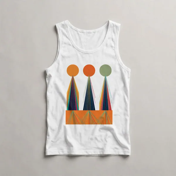 three cone shapes, orange, striped patterns, White front view