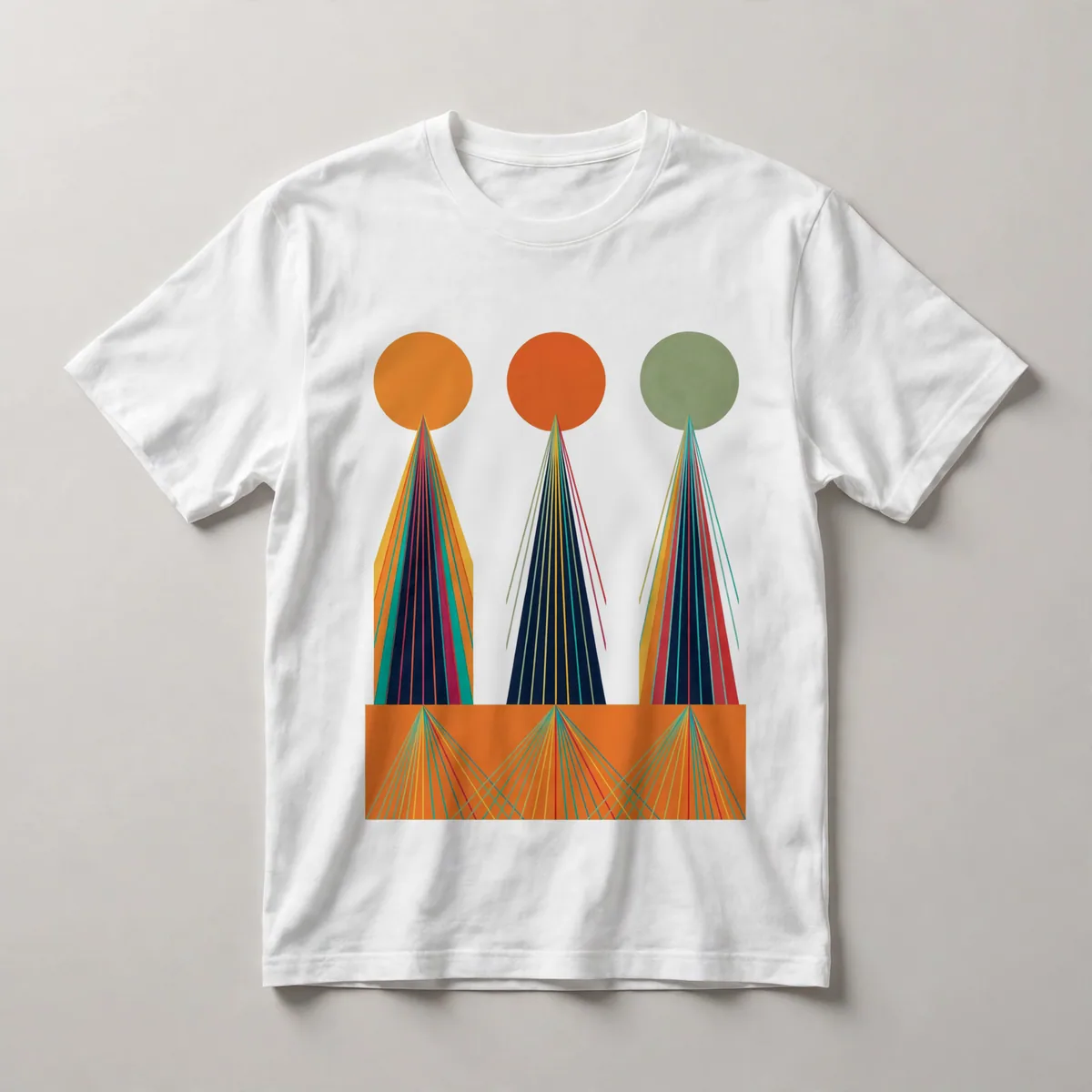 three cone shapes, orange, striped patterns, White front view