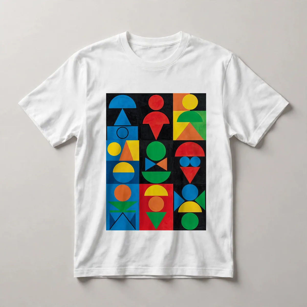 color blocks in grid, blue, orange, yellow, green, White front view