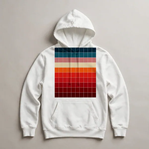 grid pattern, teal, pink, red, orange, yellow, White front view