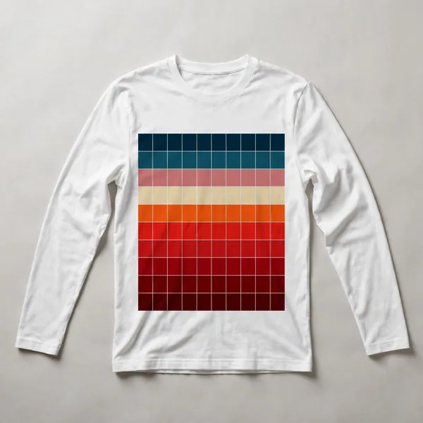 grid pattern, teal, pink, red, orange, yellow, White front view