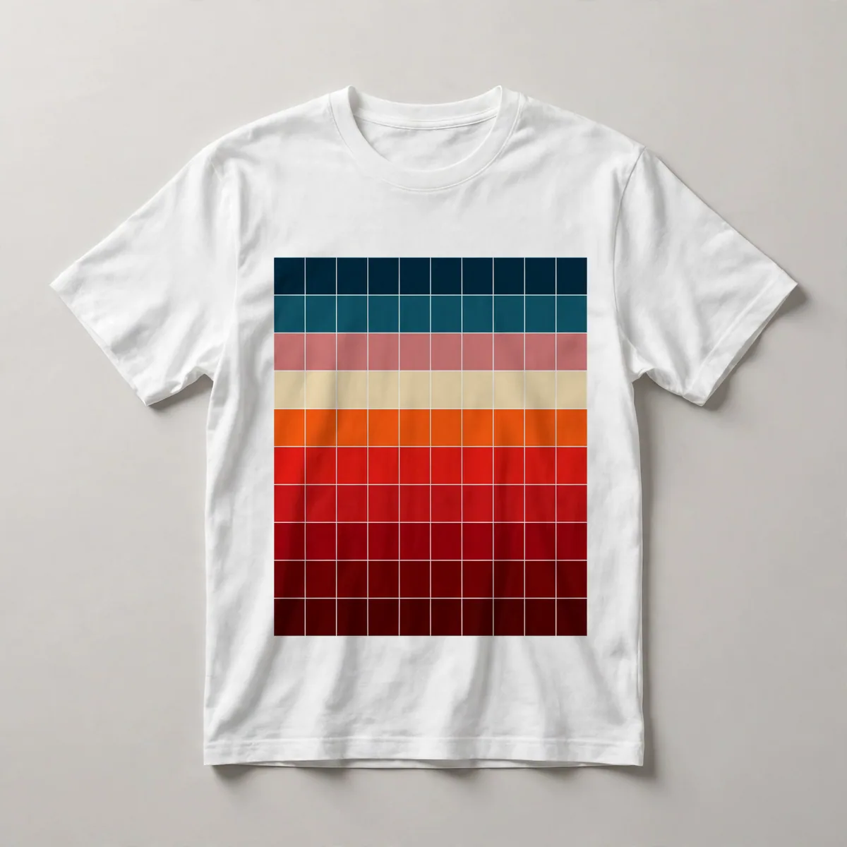 grid pattern, teal, pink, red, orange, yellow, White front view