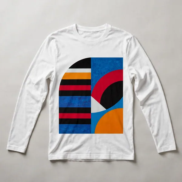 geometric color blocks and curves, blue, orange, red, White front view