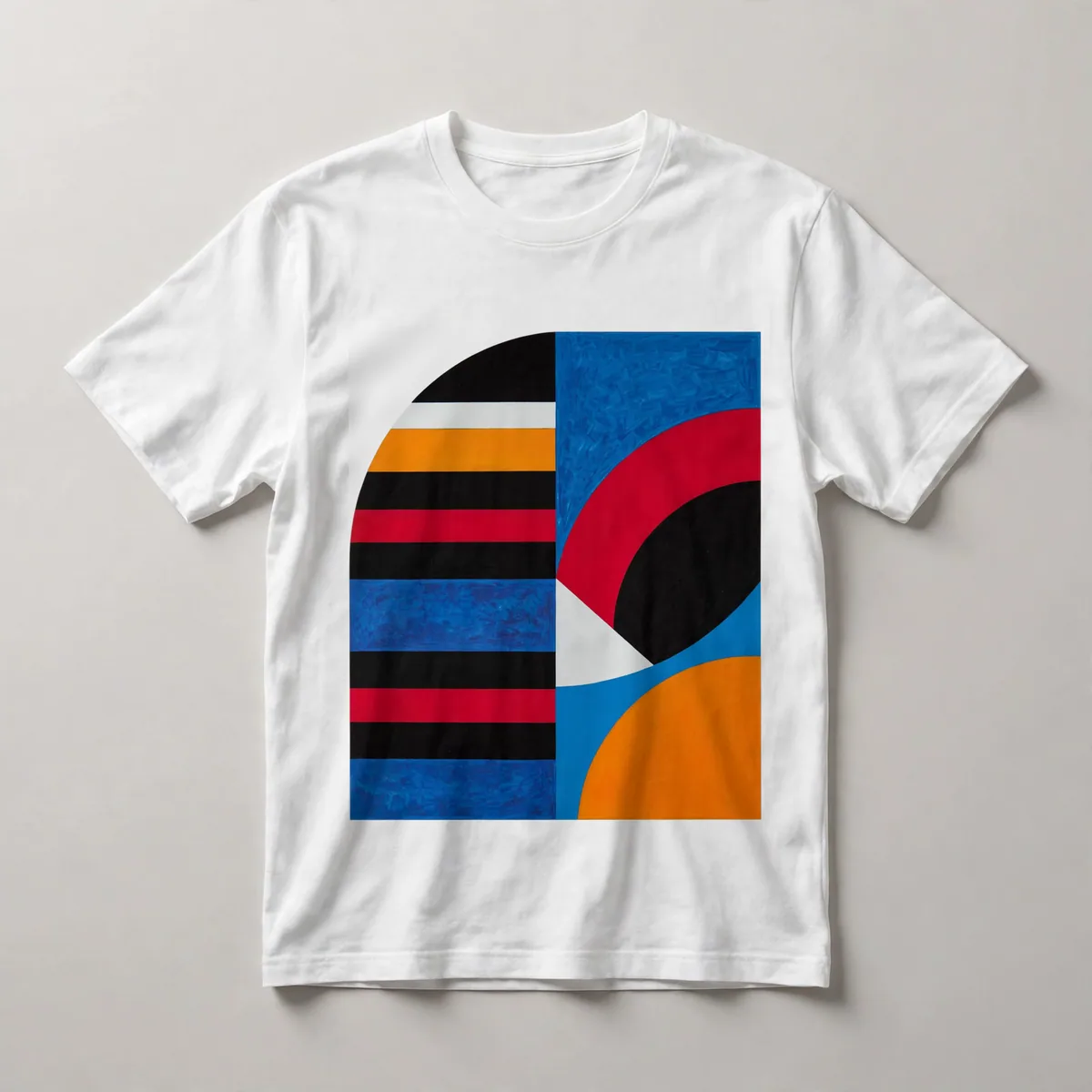 geometric color blocks and curves, blue, orange, red, White front view