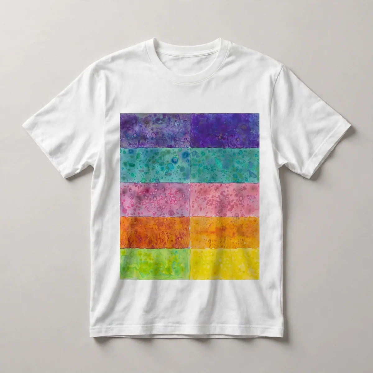 horizontal color bands, purple to yellow, White front view