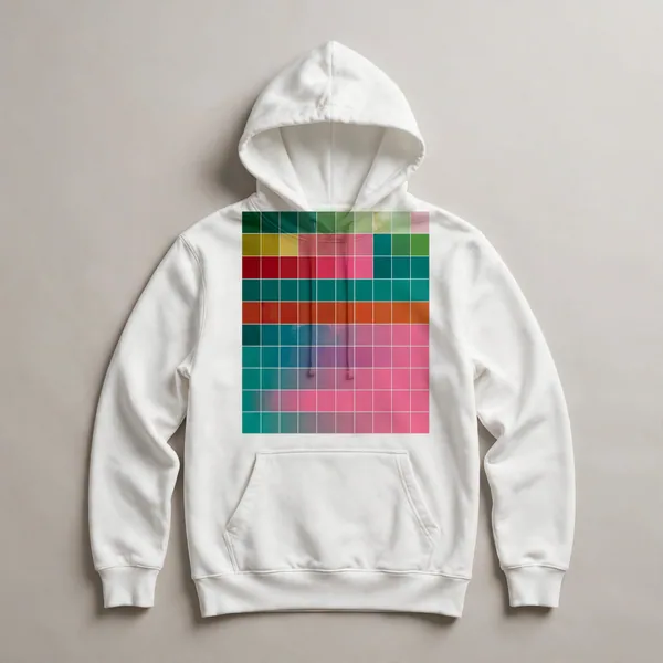 grid of color bars, pink, green, teal, White front view