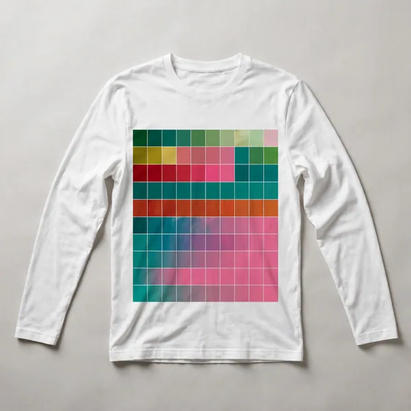 grid of color bars, pink, green, teal, White front view