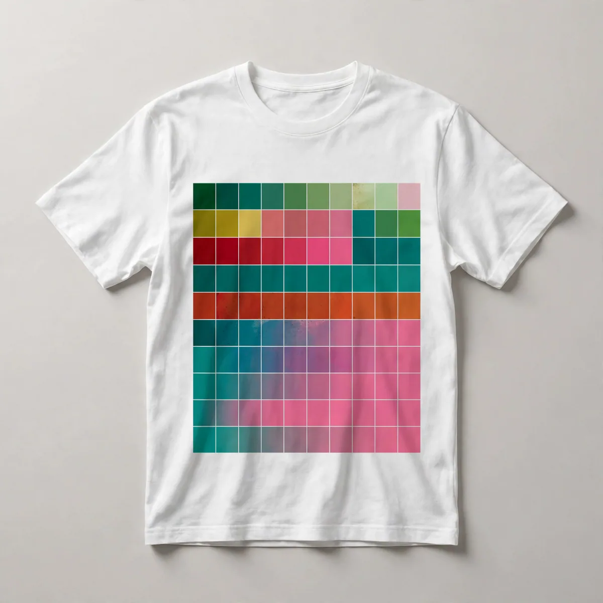 grid of color bars, pink, green, teal, White front view