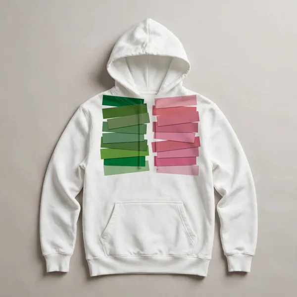 horizontal gradient stripes, green to pink, White front view